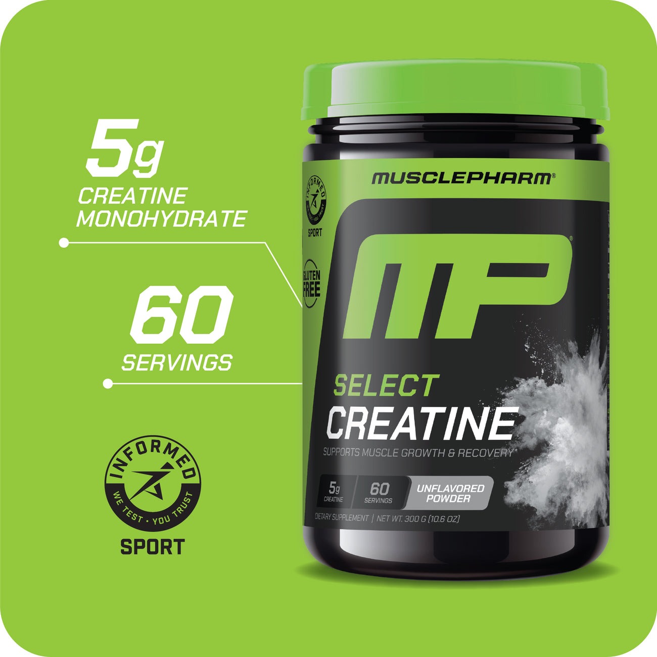 MusclePharm Select Creatine supplement container with green label on a green background. 5g Creatine Monohydrate; 60 Servings - Informed Sport