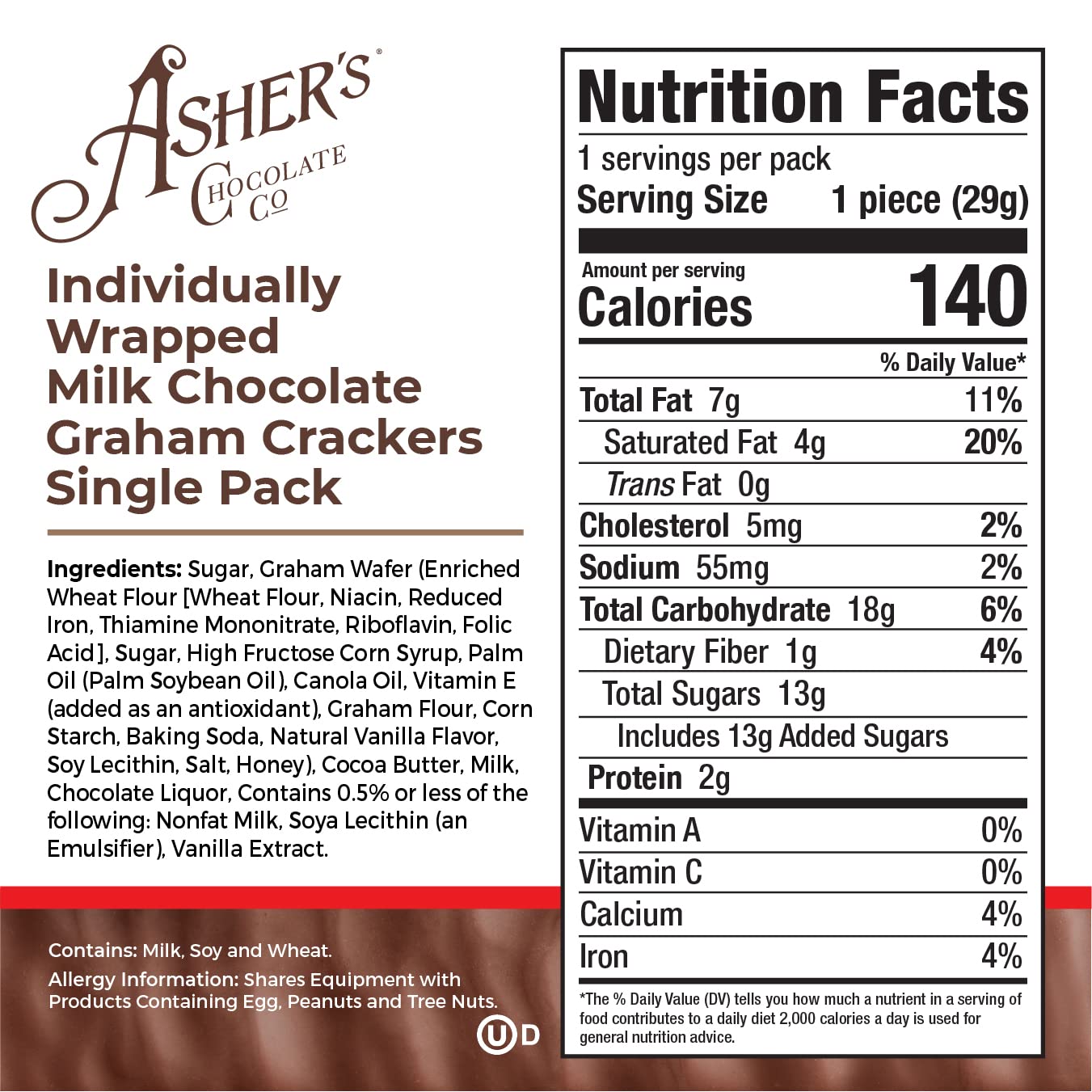 Asher's Individually Wrapped Milk Chocolate Grahams 18 Count