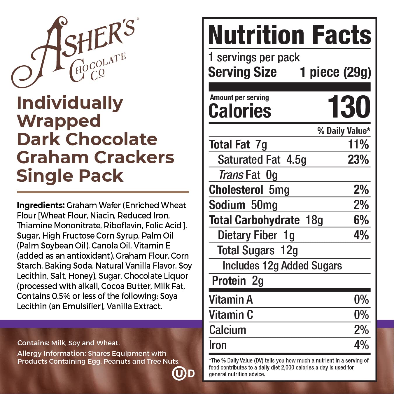 Asher's Individually Wrapped Dark Chocolate Graham Crackers 18 Count