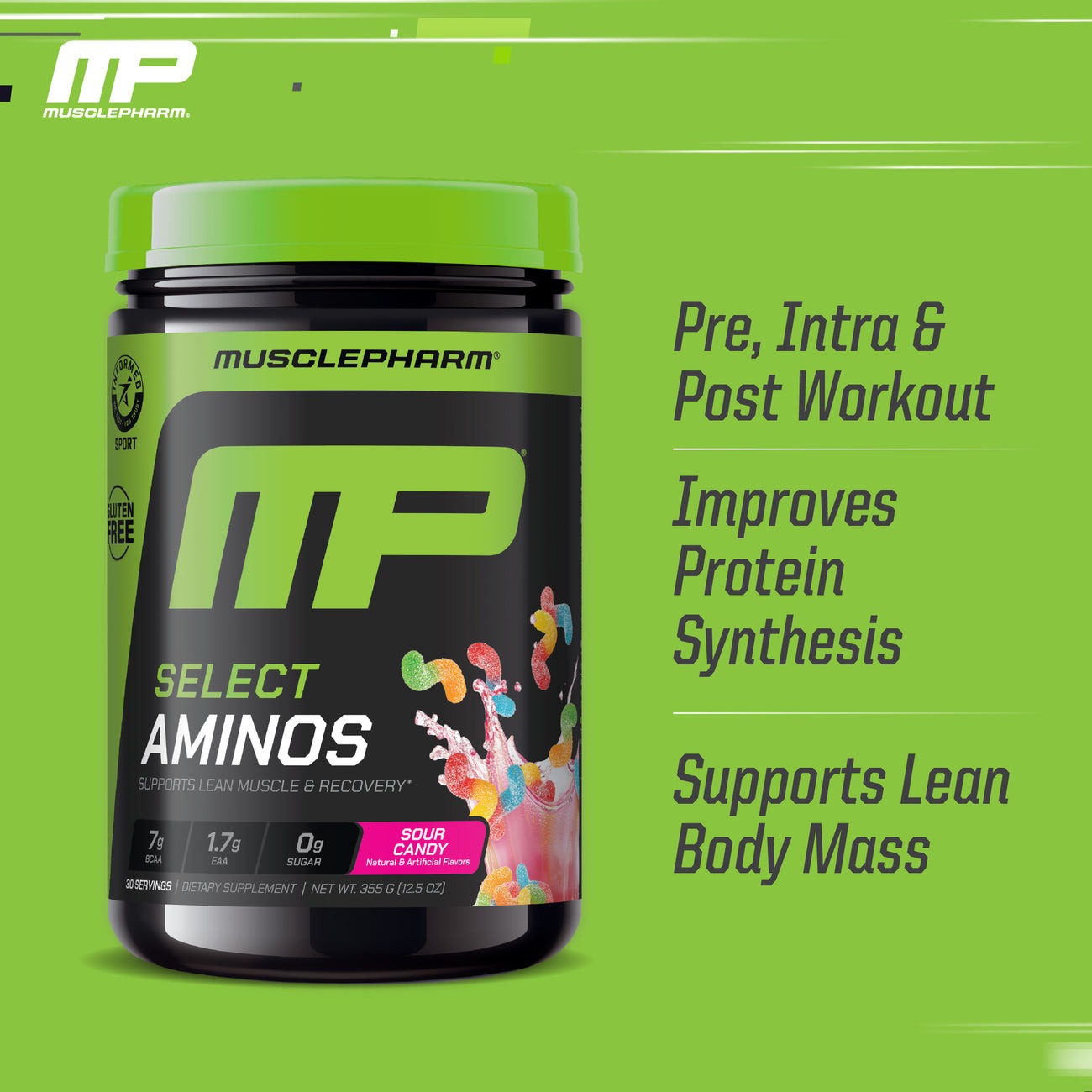 MusclePharma Select Aminos Sour Candy on Green background - Pre, Instra & Post Workout; Improves Protein Synthesis; Supports Lean Body Mass