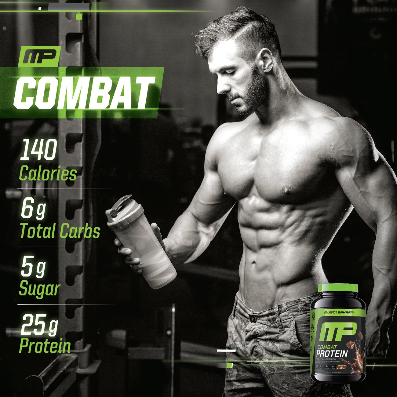 MP Combat - 140 Calories; 6g Total Carbs; 5g Sugar; 25g Protein per serving