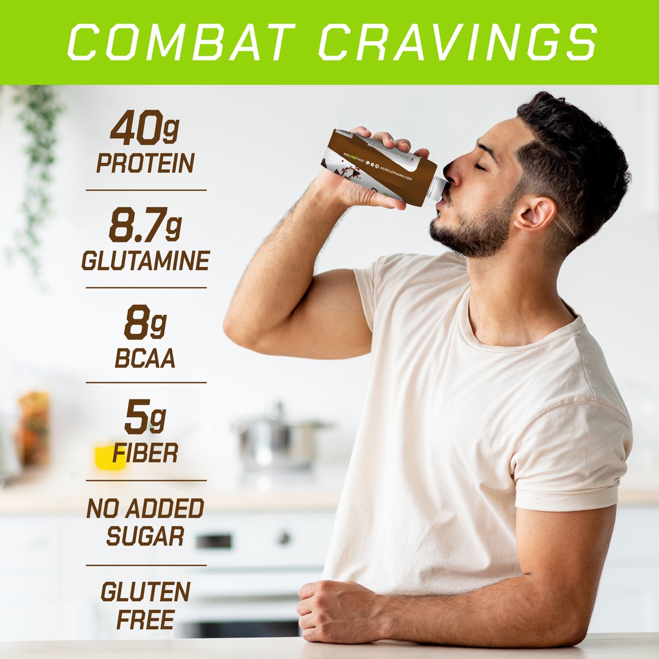 Combat Cravings - No Sugar Added, Gluten Free - 40g Protein / 8.7g glutamine / 8g BCAA / 5g Fiber