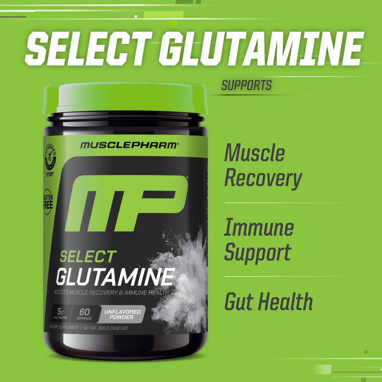 MusclePharm Select Glutamine supplement bottle on a green background - Muscle Recovery; Immune Support; Gut Health