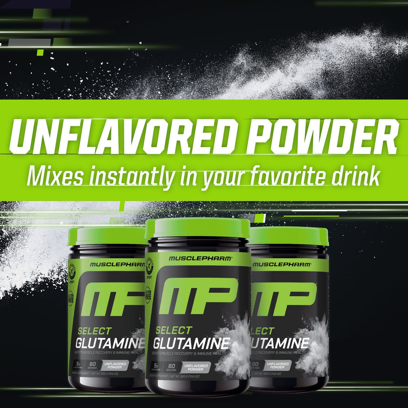 Three bottles of MusclePharm Select Glutamine with a green label on a black background. Unflavored Powder - Mixes Instantly in your Favorite Drink