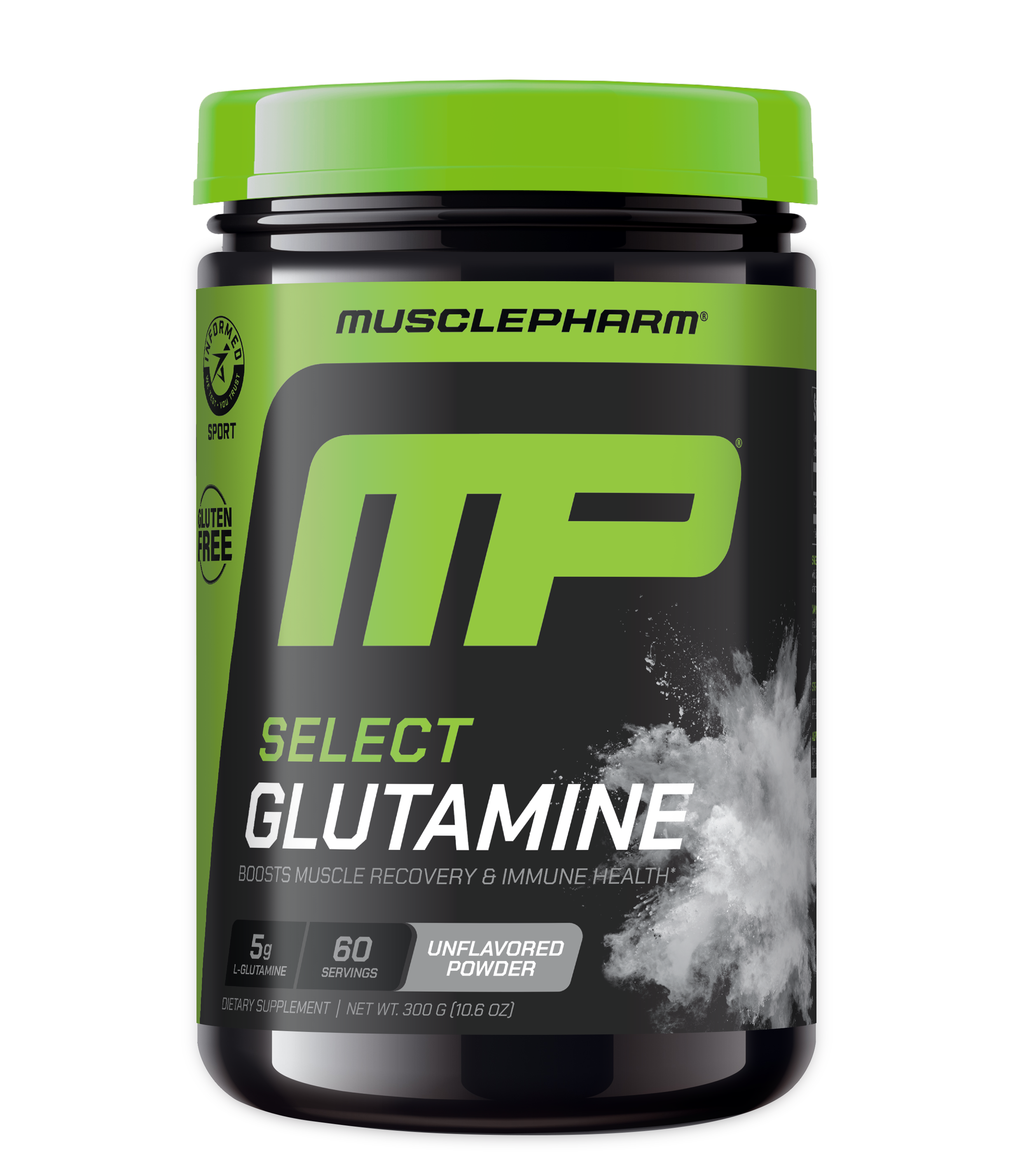 MusclePharm Select Glutamine supplement container on a white background