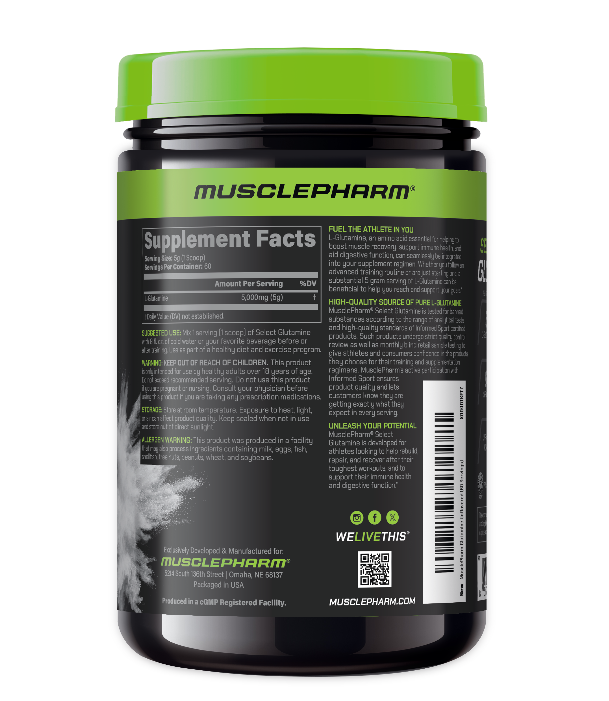 MusclePharm supplement container with label showing supplement facts and branding.
