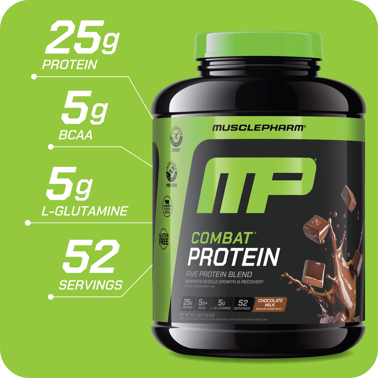 25g Protein; 5g BCAA; 5g L-Glutamine; 52 Servings - Combat Protein Blend - Chocolate Milk
