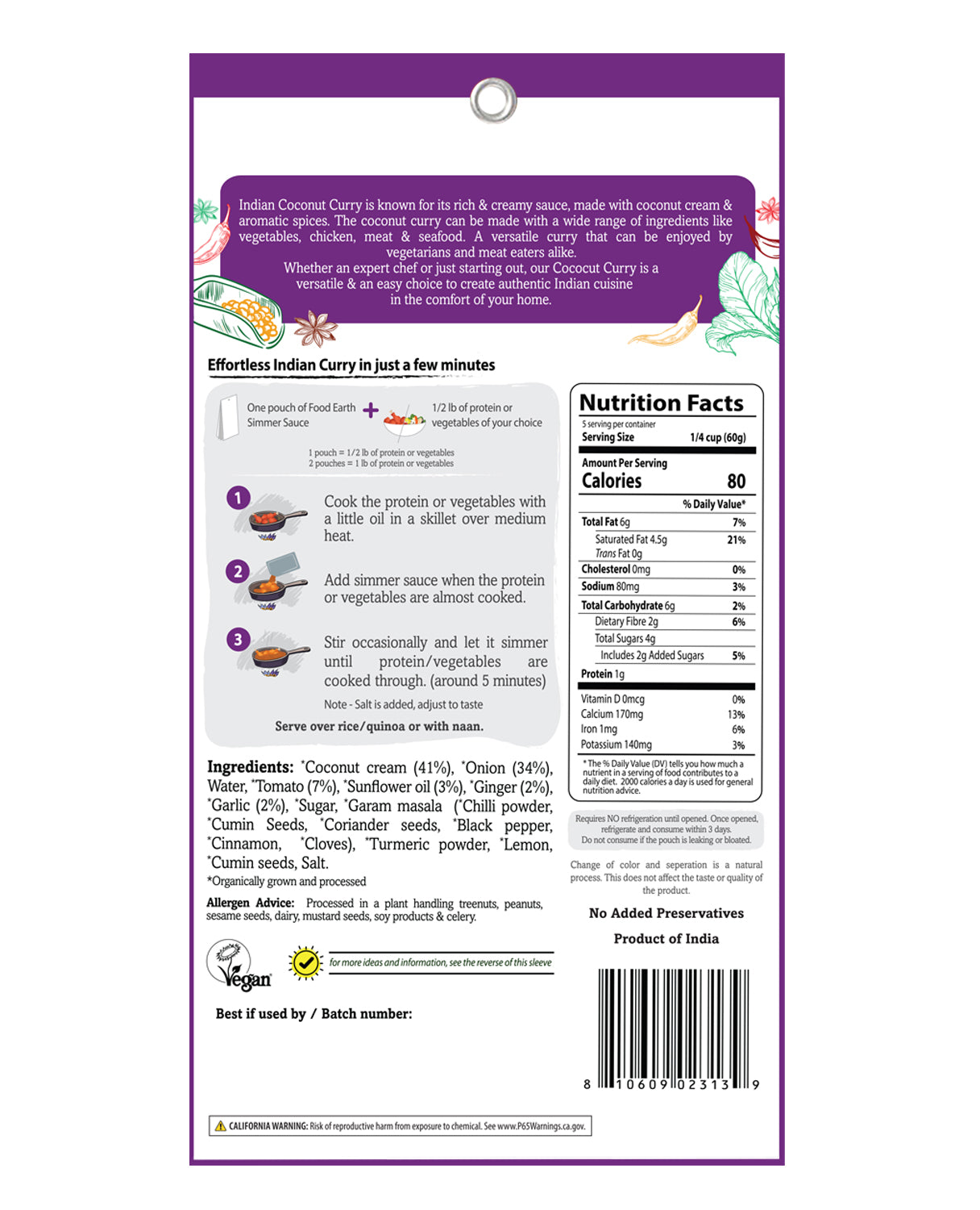 Food Earth Organic Coconut Curry Simmer Sauce