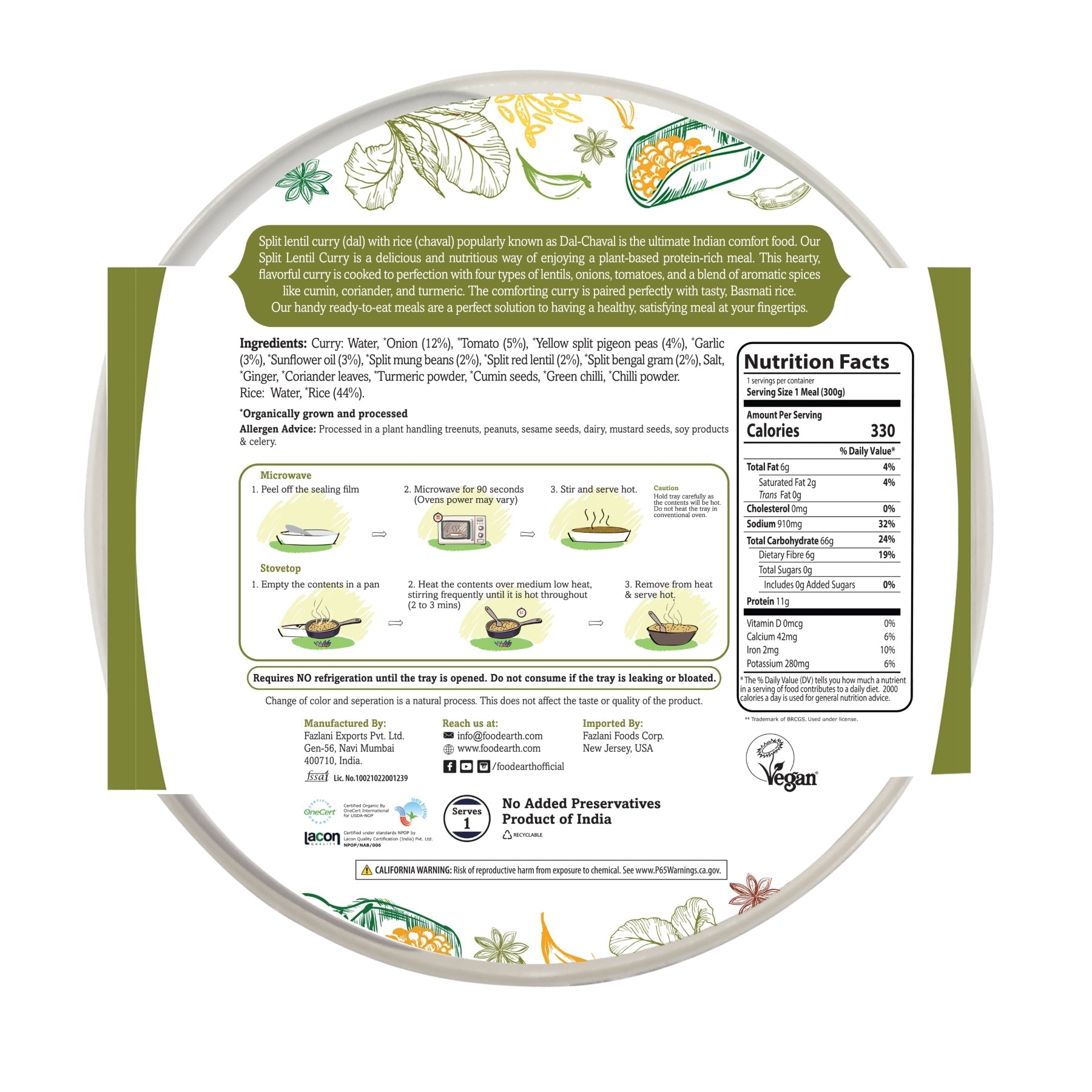 Food Earth Organic Split Lentil Curry with Steamed Rice