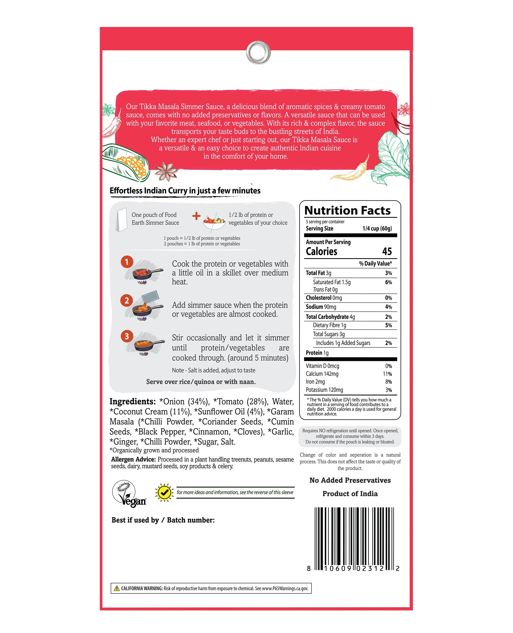 Food Earth Organic Tikka Masala Simmer Sauce