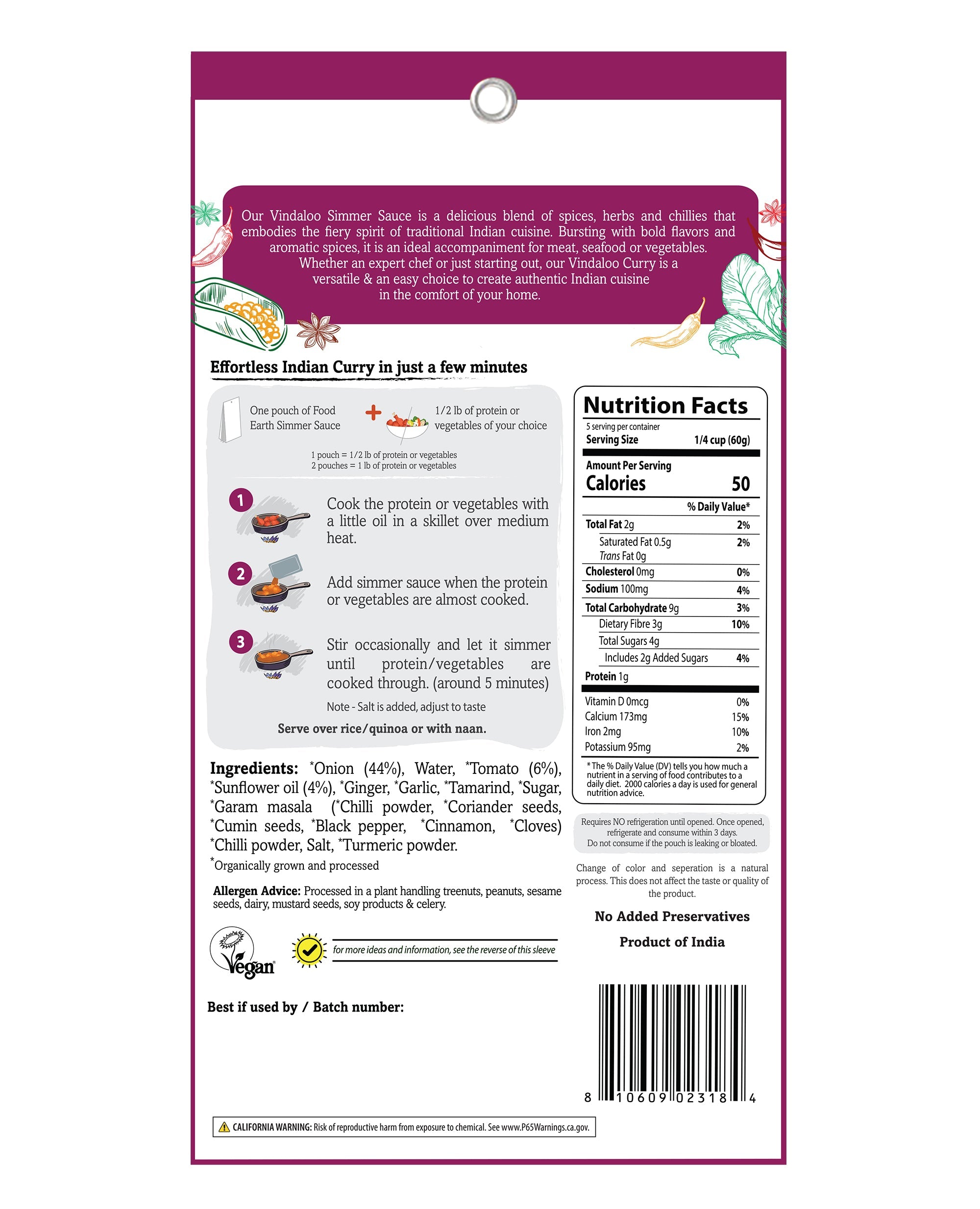 Food Earth Organic Vindaloo Curry Simmer Sauce