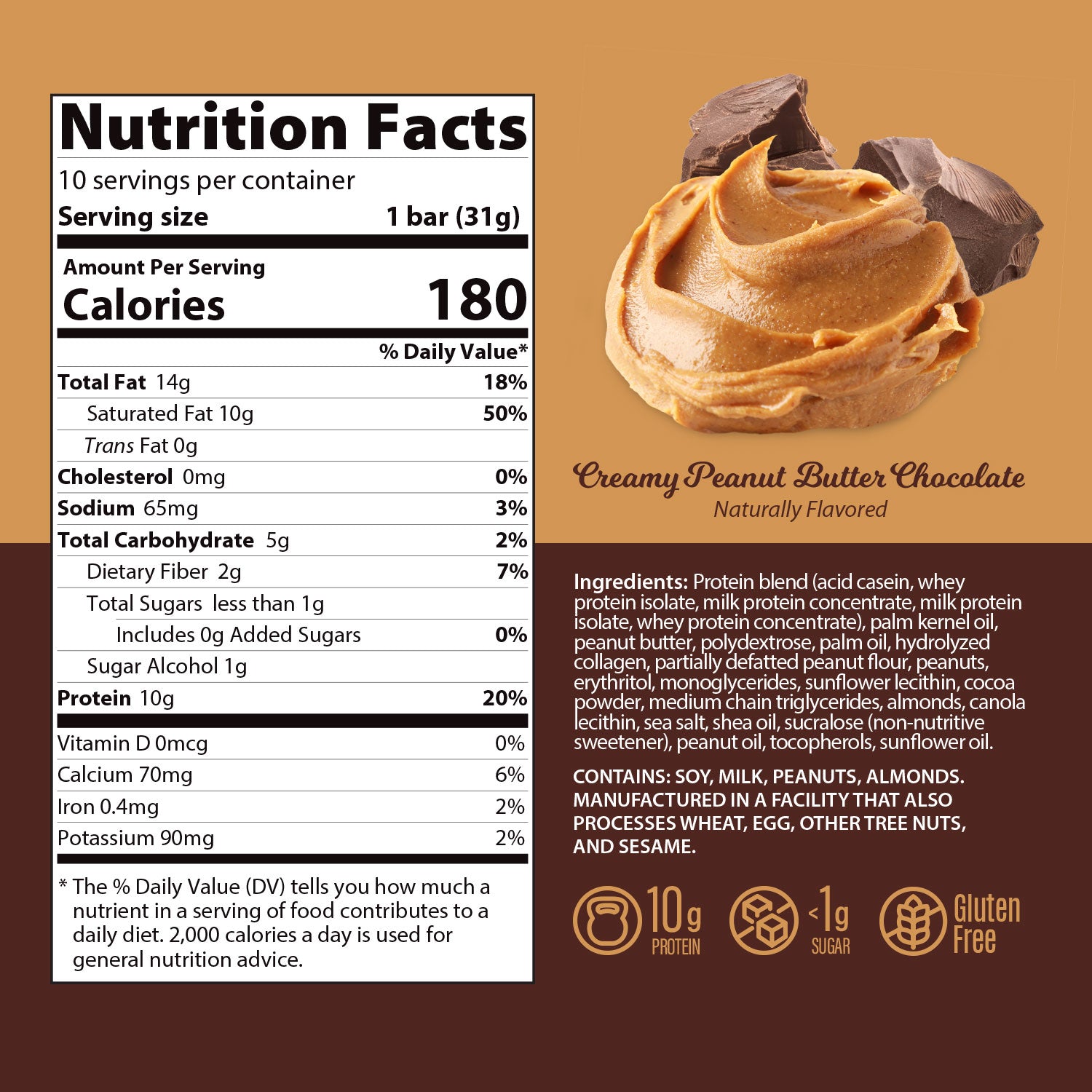 Genius Gourmet Creamy Peanut Butter Chocolate Protein Bars (10 Count)